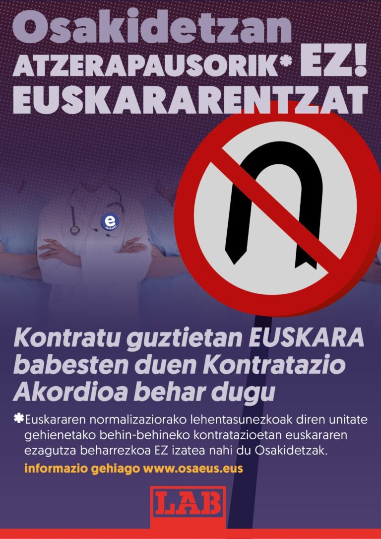 Osakidetzak proposatutako Kontratazio Akordio berria atzerakada larria da euskararentzat EAEko enpresa publiko handienean