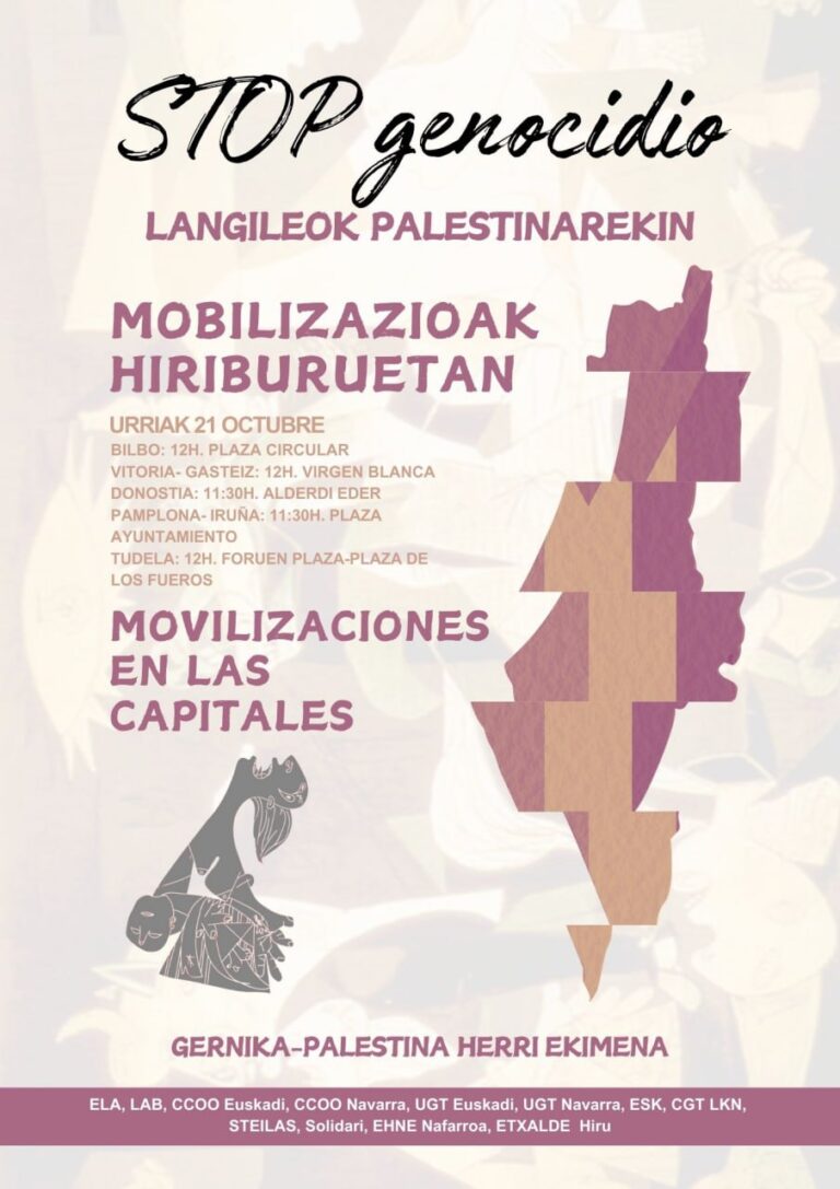 El 21 de octubre nos movilizaremos en las capitales de Hego Euskal Herria y en Tutera bajo el lema “STOP genocidio, langileok Palestinarekin”